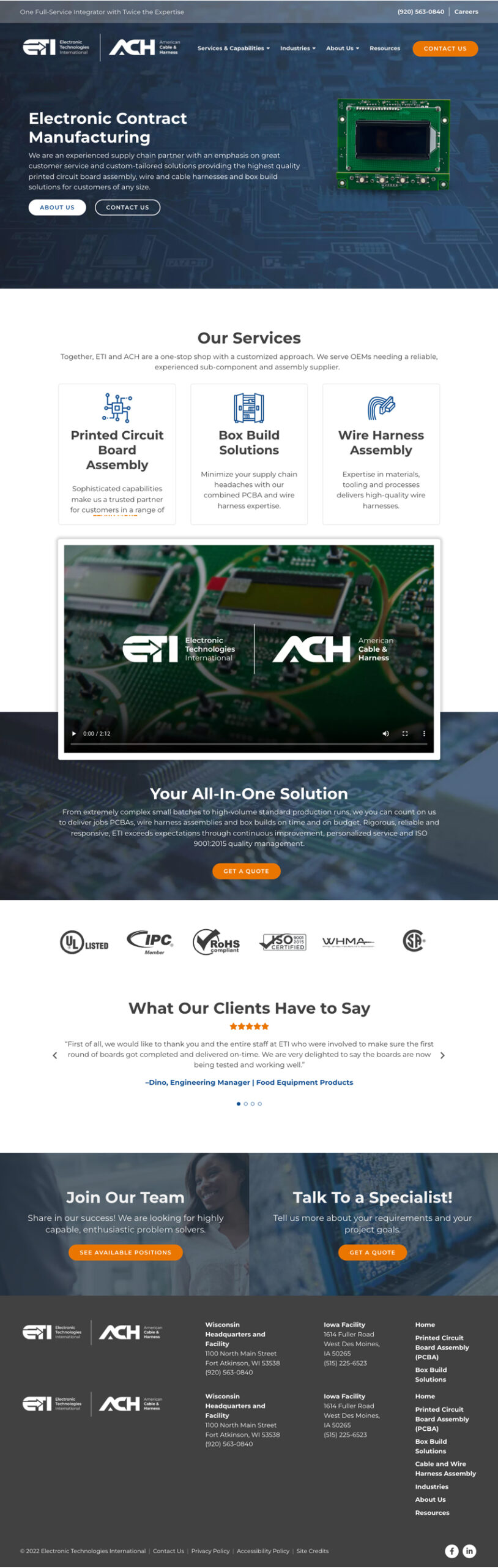 Manufacturing web design example: ETI Website Homepage