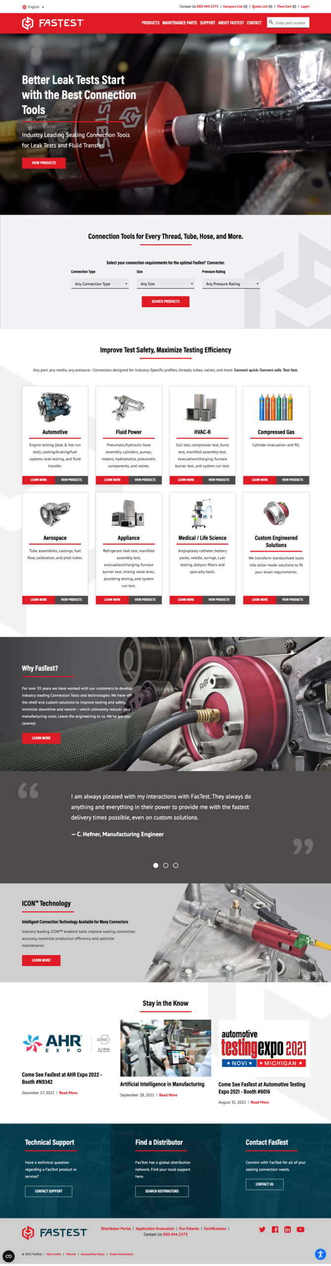 Manufacturing web design example: FasTest's website homepage