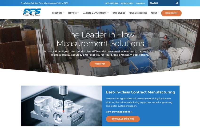 Manufacturing web design example: Primary Flow Signal Homepage