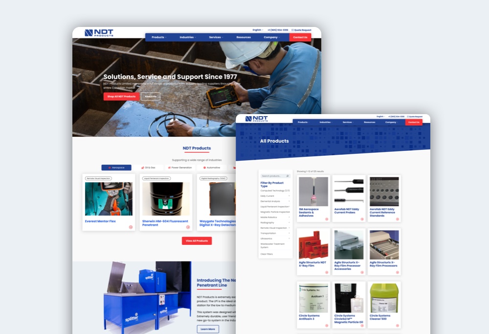 B2B Industrial Distributor web design NDT Products Limited website home and products page screenshots