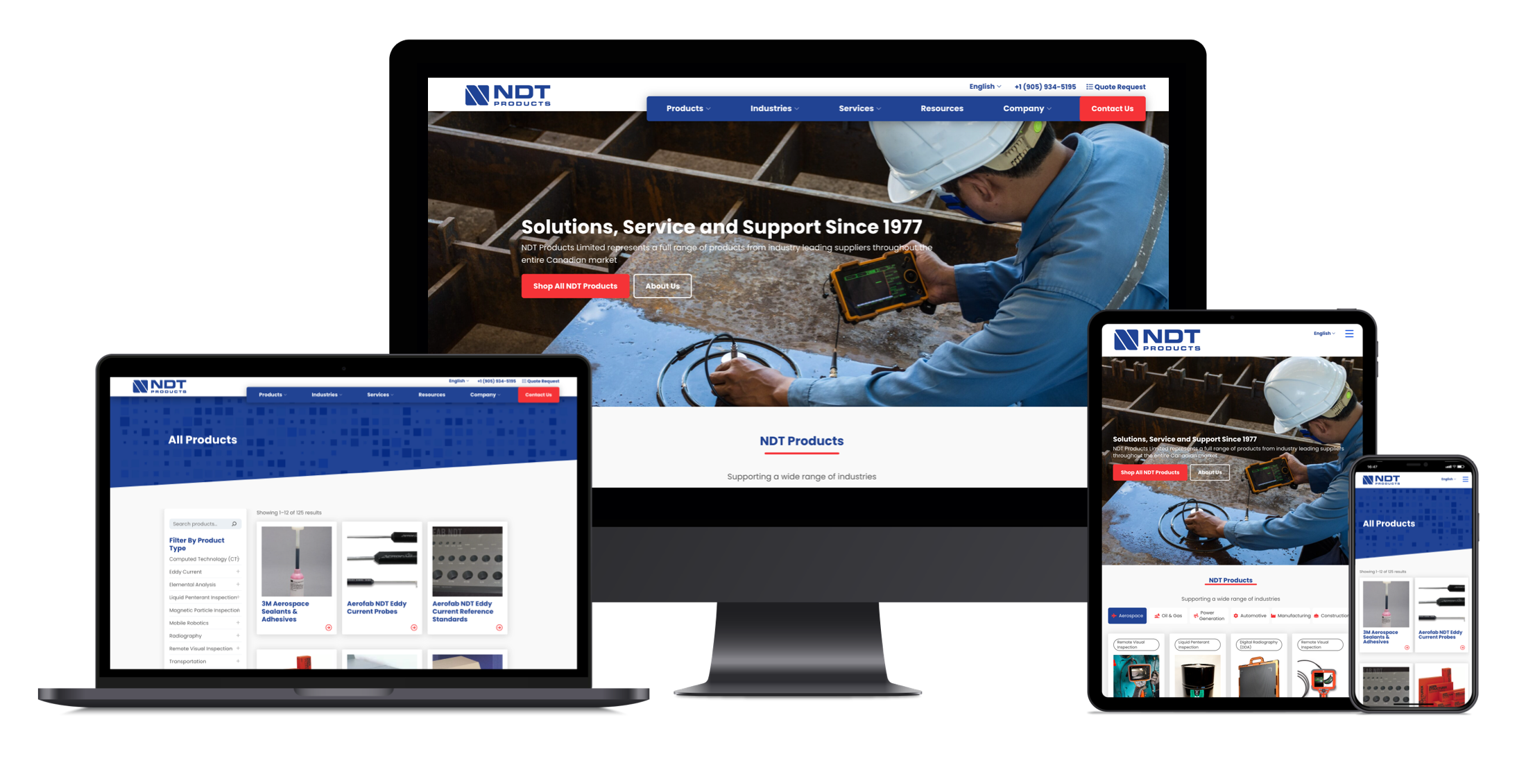 B2B Industrial Distributor web design NDT Products Limited website on desktop laptop tablet and mobile devices
