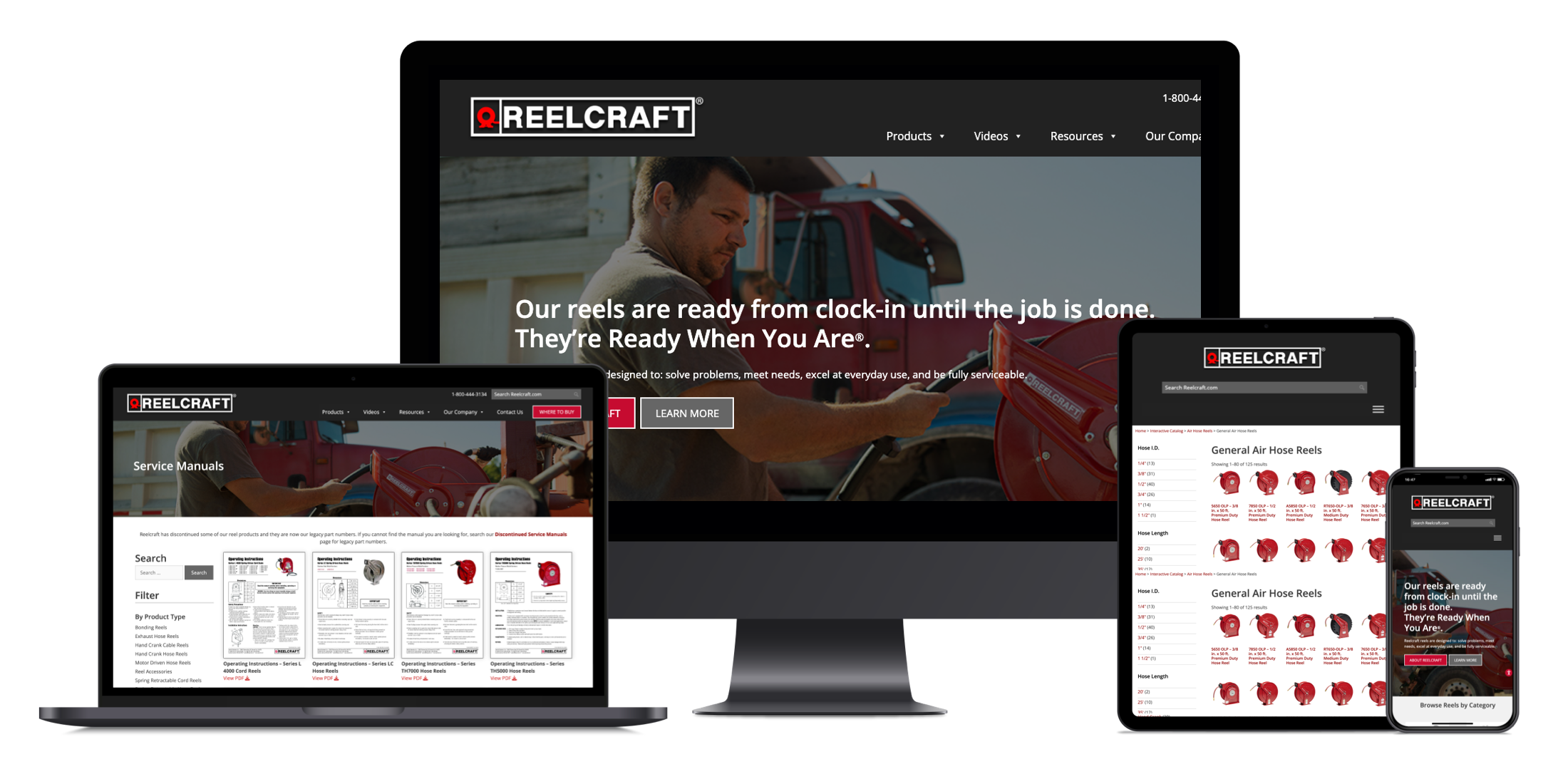Industrial Reel Supplier UX visual design Reelcraft Industries Website on Desktop, Laptop, Tablet and Mobile