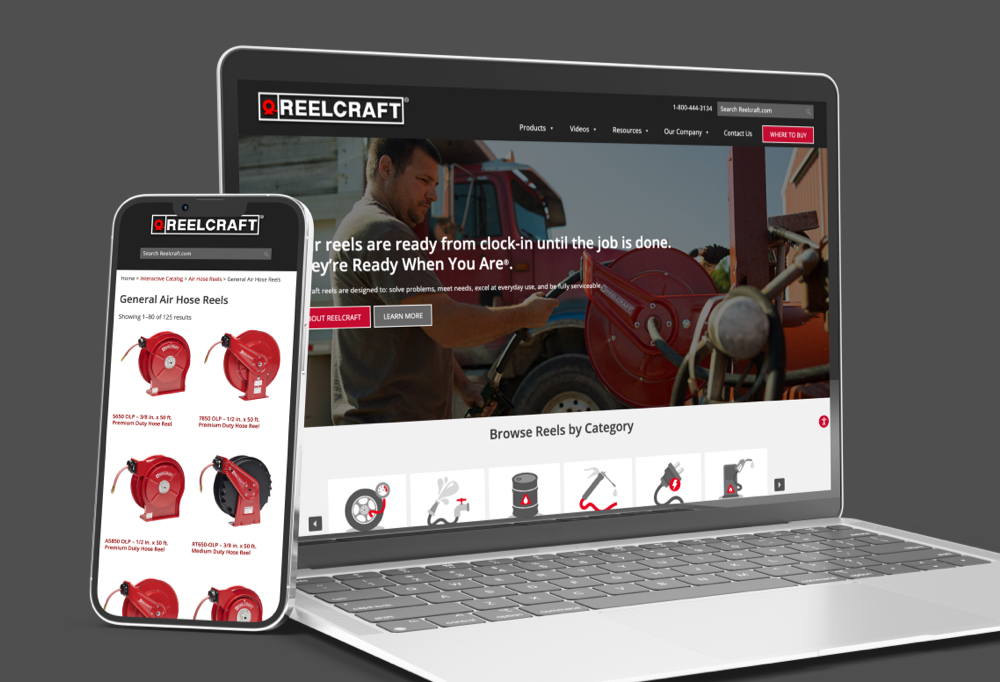 Industrial Reel Supplier UX visual design Reelcraft Industries Website on Laptop and Mobile