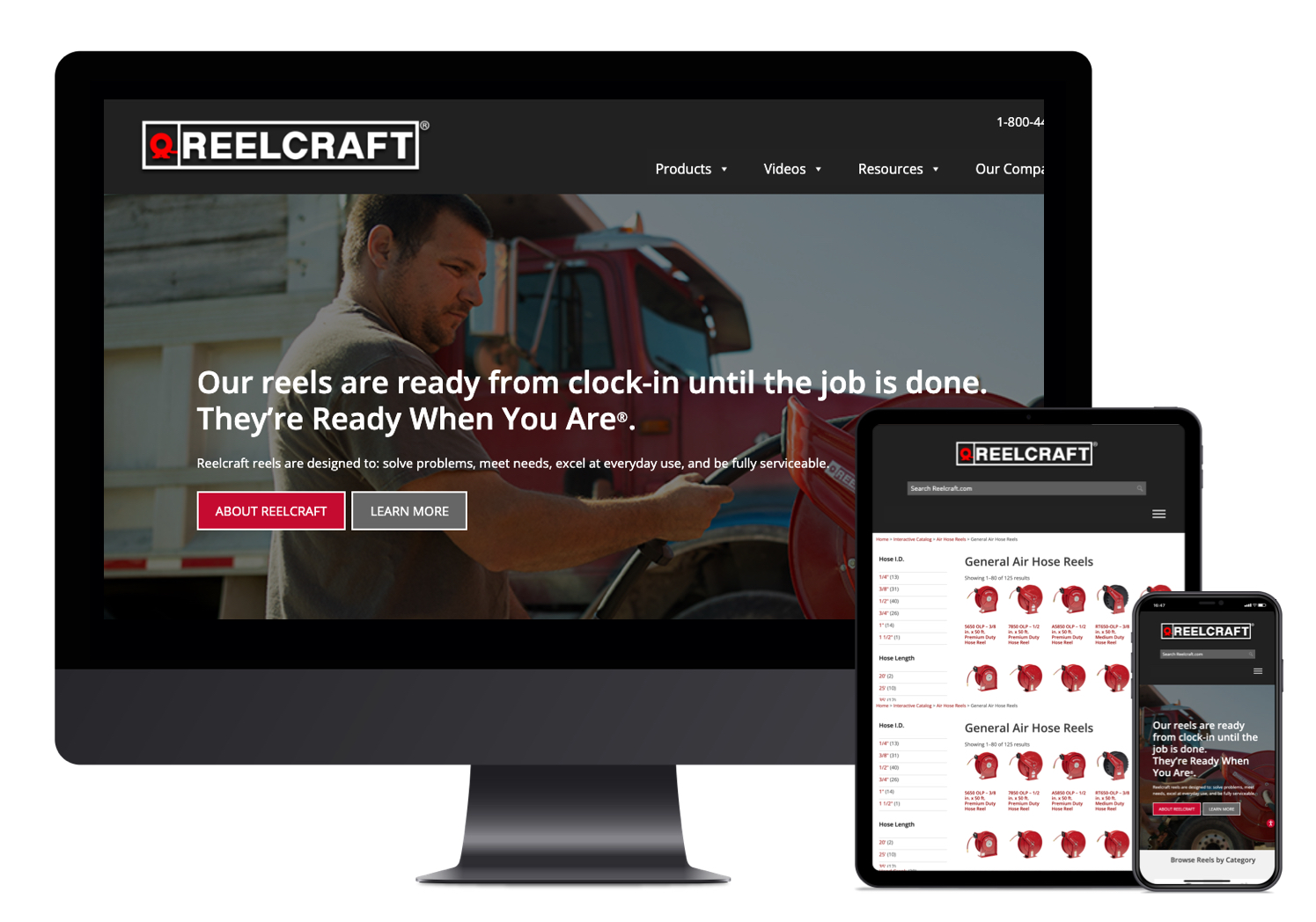 Industrial Reel Supplier UX visual design Reelcraft Industries Homepage on Desktop Tablet and Mobile