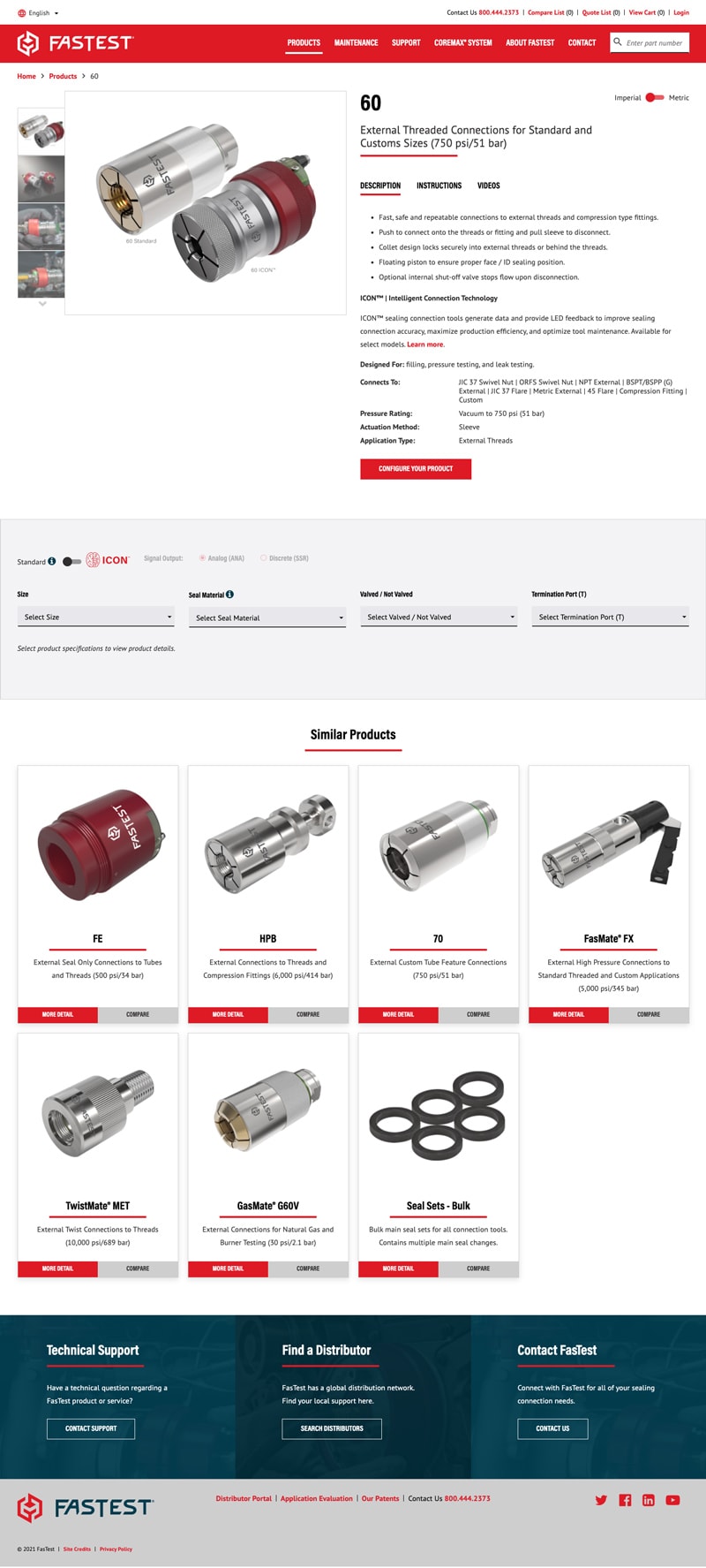B2B Sealing Connection Tools Manufacturer Web Design FasTest Product Page