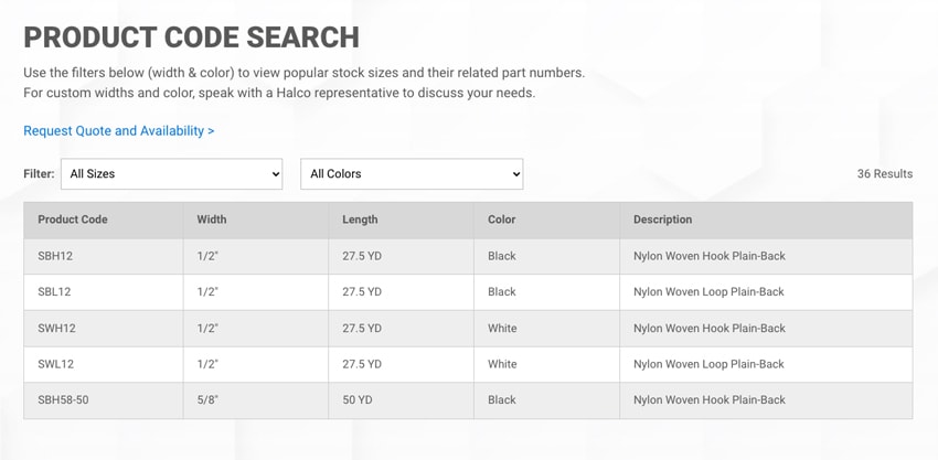 Product Code Search Example Halco