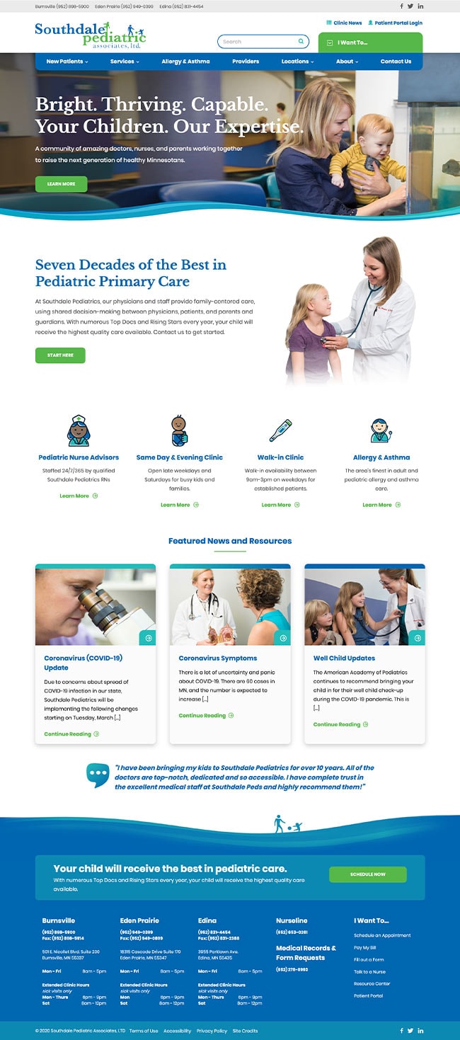 Pediatric Website Design Southdale Pediatrics Case Study Homepage