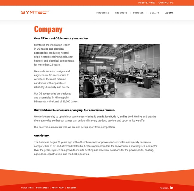 Symtec Manufacturing Website About Us Page Example