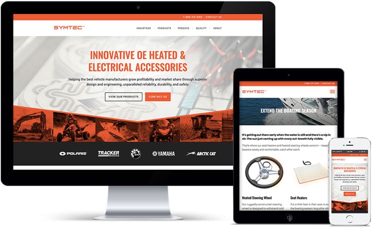 The Symtec website seen on desktop, tablet, and mobile devices