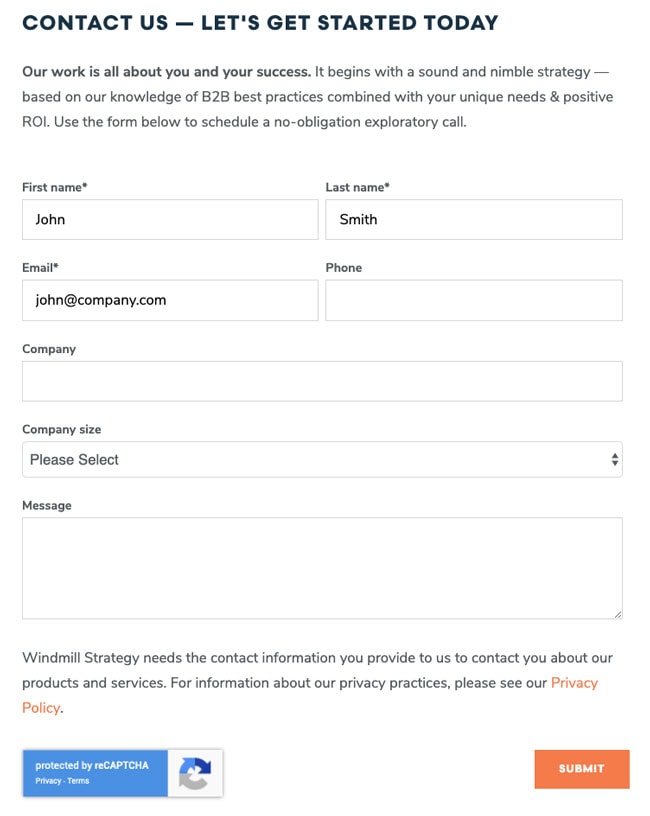 Windmill Strategy B2B Website Contact Form Example